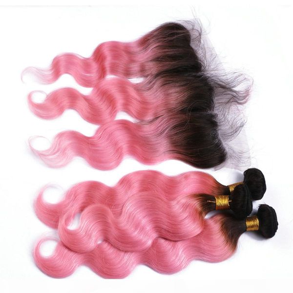 

two tone pink hair bundles ear to ear lace frontal closure with bundles dark roots ombre brazilian virgin hair with lace frontal closure, Black;brown