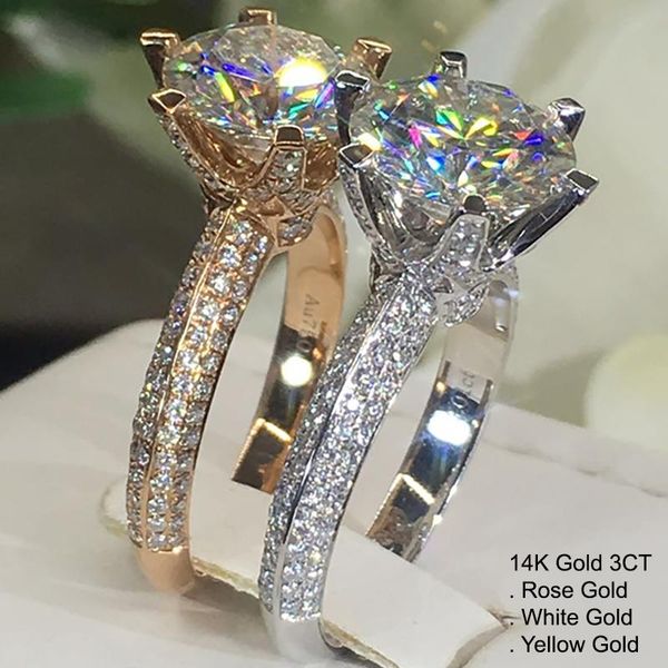

cluster rings 14k gold 3 moissanite diamond ring women round luxury classic trendy wedding party engagement anniversary 3ct d color, Golden;silver