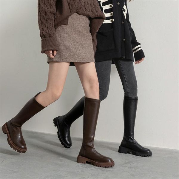 

boots 2021 spring autumn fashion solid woman knee high platform loe square heels round toe concise motorcycle, Black