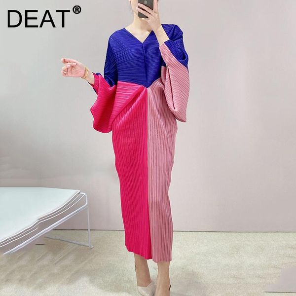 

casual dresses deat woman pleated dress hit color v neck batwing sleeve elegant elastic style 2021 summer fashion 15jk237, Black;gray