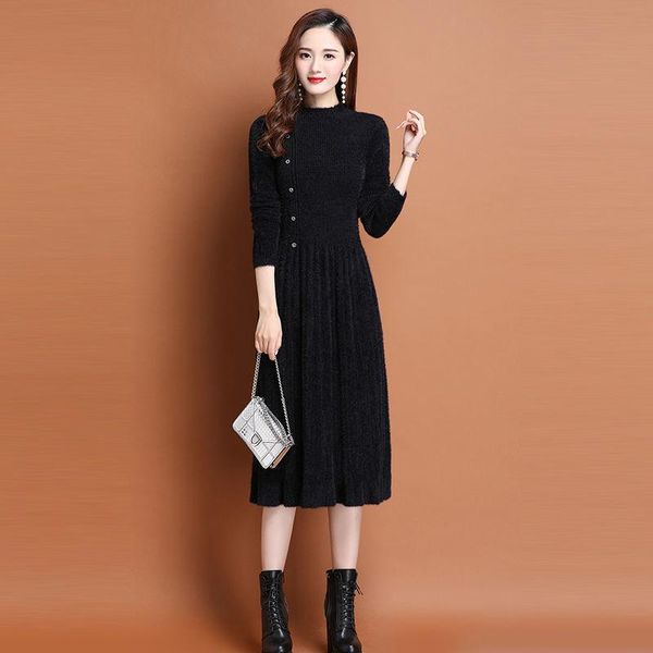 

casual dresses plush thickened warm autumn and winter women's knitted wool dress mid length, Black;gray