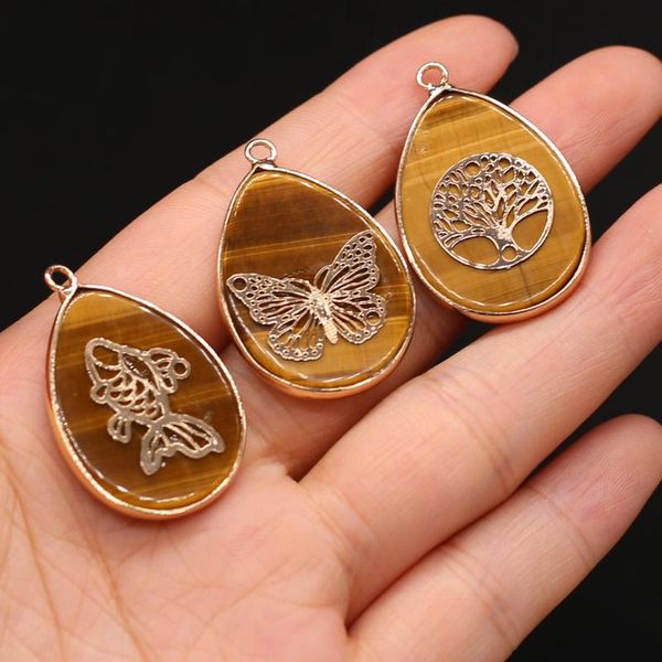

charms natural semi-precious stone pendant water droplets shape gilded edge tiger eye for jewelry making necklaces gift, Bronze;silver