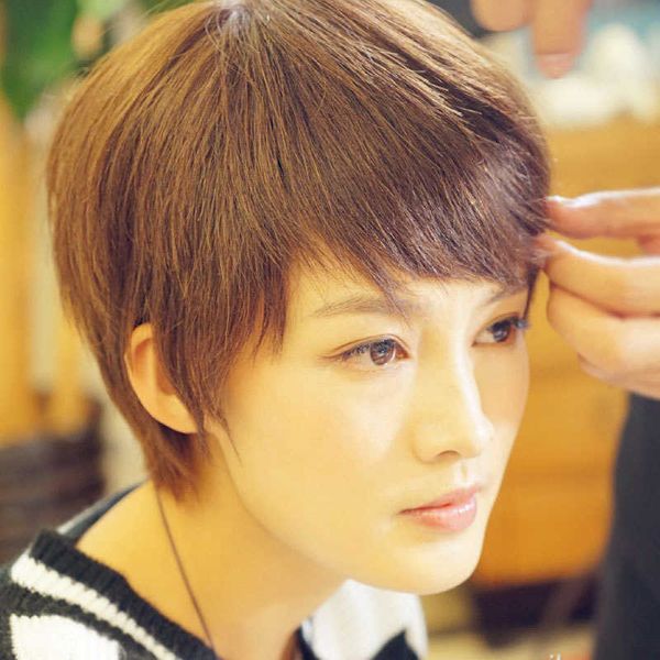 

wig female straight cute handsome slanting bangs bobo head short broken hair star same style, Black