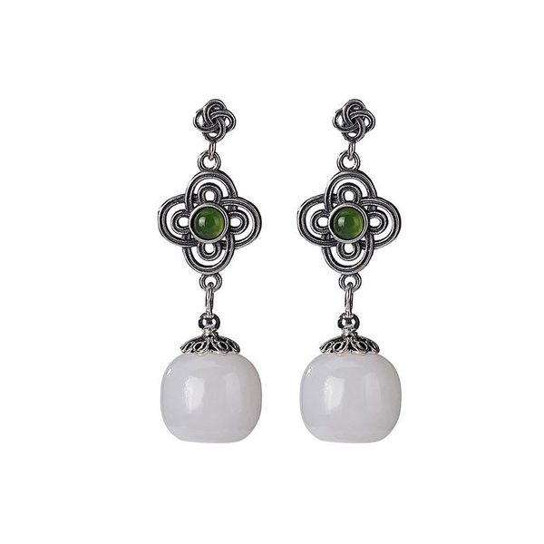 

stud 925 sterling silver natural hetian white jade barrel beads earrings vintage distressed chinese knot women's elegant eardrop, Golden;silver