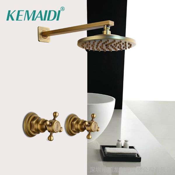 

kemaidi 8 inch antique brass round wall mounted bathroom rainfall shower faucet sets head 2 handles shower sets