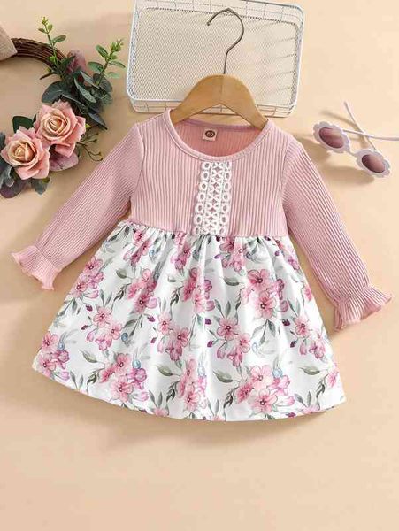 

baby floral print guipure lace panel flounce sleeve dress she, Red;yellow