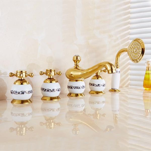 

bathroom sink faucets bathtub faucet brass blue and white ceramics golden 5 hole set rainfall shower hand basin cold mixer tap