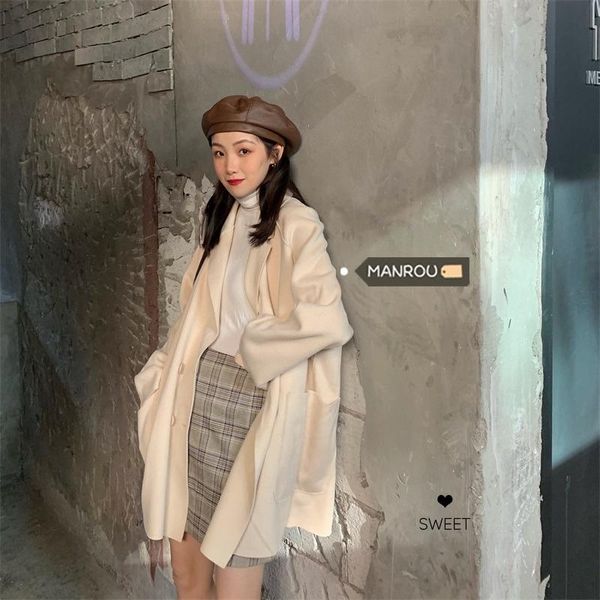 

women's wool & blends loose temperament, thin, medium and long woolen coat, female, spring autumn 2021 student versatile sleeved coat, Black