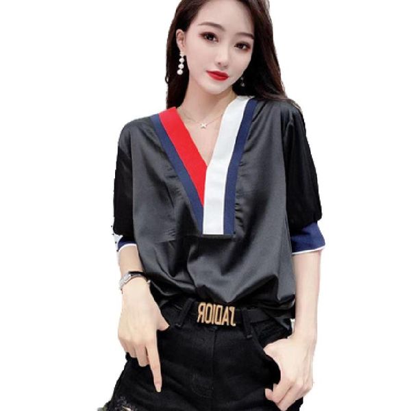 

women's t-shirt spring summer style tees loose v-neck patchwork short sleeve elegant sweet sp1049, White