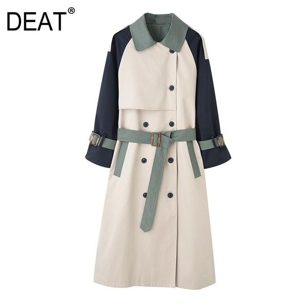 

women's trench coats [deat] 2021 coat hit color lapel lacing elegant long length wild autumn winter fashion clothing am794, Tan;black