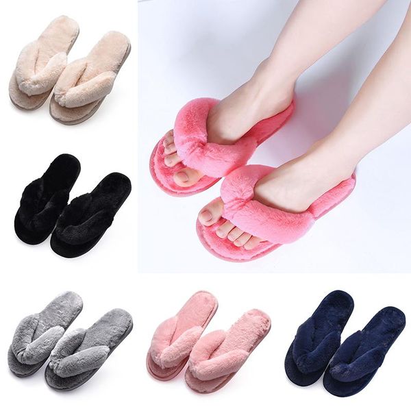 

slippers women's peep toe fluffy warm casual flip flops slip on anti-slip shoes plush cotton slipper solid, Black