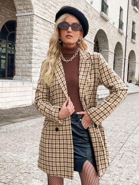 

plaid double breasted slant pockets blazer o34a#, White;black