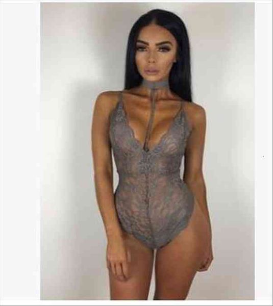 

1pcs lot halter lace bodysuit women skinny hollow out black grey jumpsuit woman lace romper, Black;white