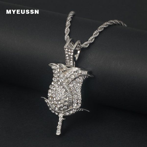

pendant necklaces fashion shining rose flower necklace men gold & silver color with tennis chain plant gift hip hop jewelry