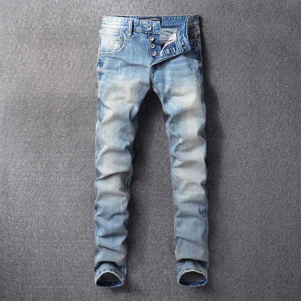 

2021 new fashion classical light blue color slim fit denim pants 98% cotton homme italian vintage style buttons jeans men ygy4