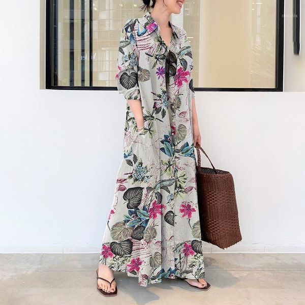 

casual dresses stylish women summer sundress print long dress robe retro floral maxi swing shirt party vestidos femme oversized, Black;gray