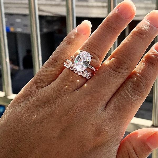 

couple rings luxury jewelry 925 sterling silver&rose gold fill oval cut white z cz diamond women wedding bridal ring set, Golden;silver