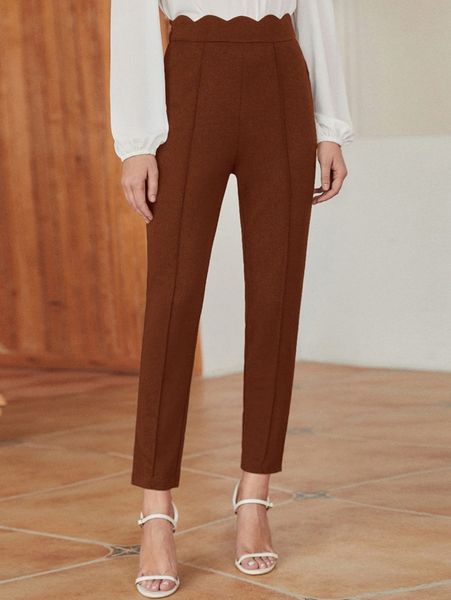 

scallop trim seam detail tapered pants 102p#, Black;white