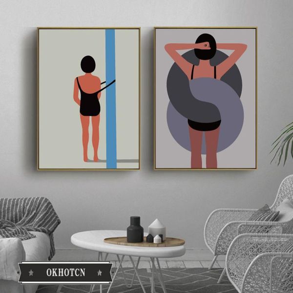 

paintings humorous woman in swimsuit pole swimming ring canvas painting minimalist decorative poster aesthetic nordic wall art picture
