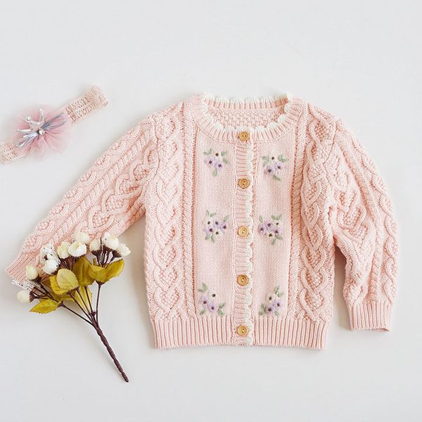 

sweet kids girls floral embroidered crochet sweater cardigans jackets candy pink beige blue color spring autumn outwears 210302