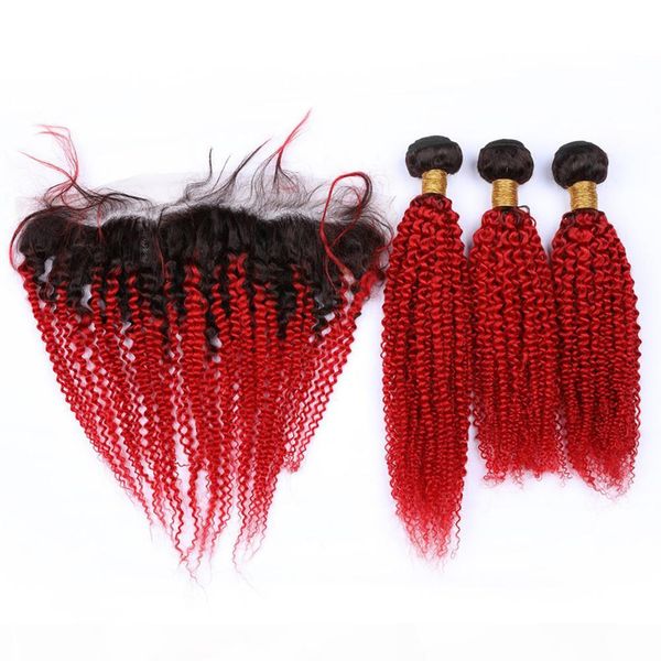 

virgin peruvian human hair red ombre kinky curly weaves with frontal #1b red ombre kinky curly 13x4 lace frontal closure with 3bundles, Black;brown