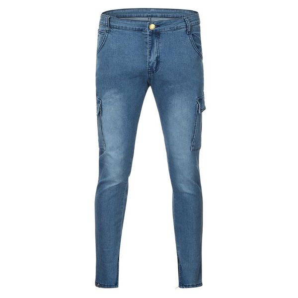 

men's pants causal pocket zipper slim fit shredded denim long jeans high street style full length, Black