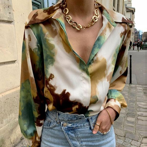 

women's blouses & shirts [ewq] 2021 spring women fashion vintage blouse turn-down collar long-sleeved long sleeve panelled green print, White