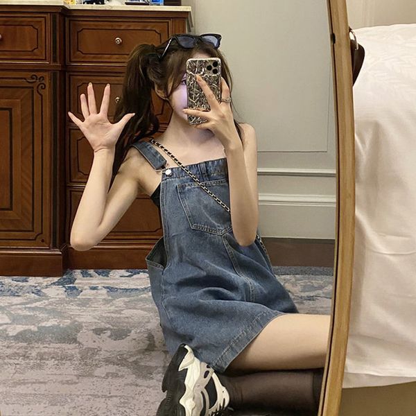 

2021 summer retro high waist loose denim strap dress women short skirt kawaii harajuku dress party preppy style denim skirt, Black;gray