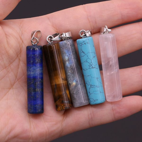 

natural stone 10x43mm cylinder rose quartz lapis lazuli tiger's eye opal pendant charms diy reiki healing earrings necklace jewelry mak, Bronze;silver