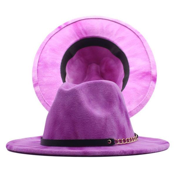 

wide brim hats 2021 double side tie dye felt fedoras with chain lady elegant blend jazz hat multicolor party cap, Blue;gray