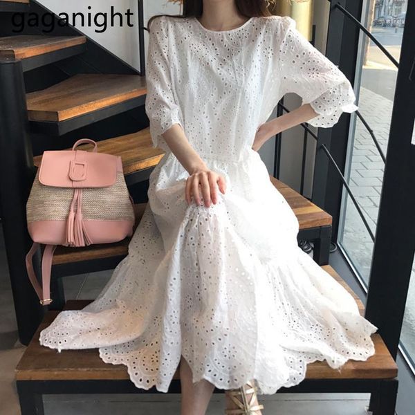 

gaganight fashion women lace white holiday dress hollow out lady casual loose beach dresses elegant korean vestidos chic summer1, White;black