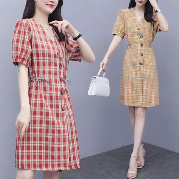 

fat mm foreign style dress 2021 summer new loose and thin plaid v-neck, Black;gray