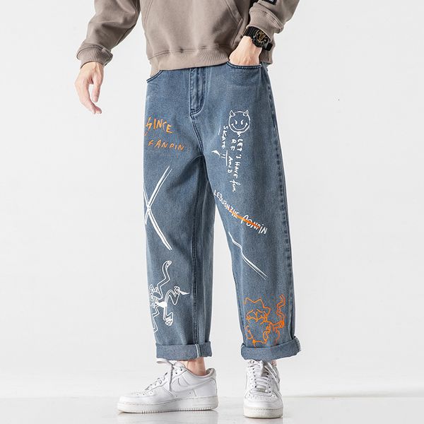 

2021 new men denim joggers streetwear sweatpants hip hop japanese harajuku cargo pants funny cartoon pattern jogging male trousers yq7i, Black
