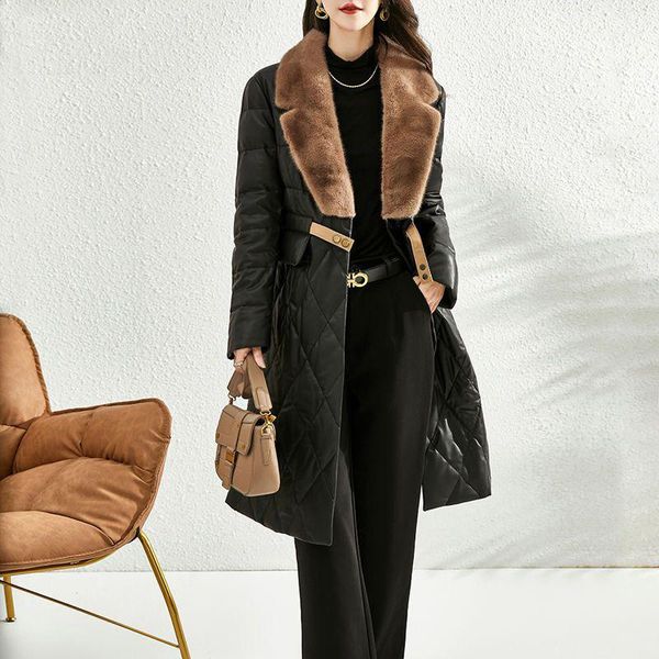 

women's leather & faux real collar sheepskin down jacket female women genuine long overcoats autumn winter clothes mujer chaqueta, Black