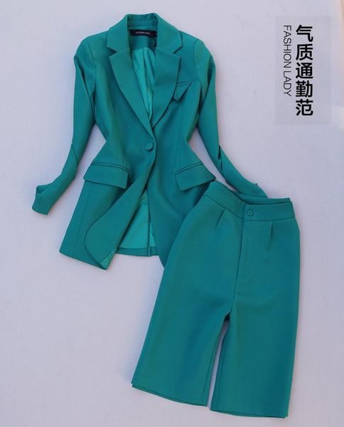 

women's two piece pants fashion office lady one button long sleeve suit blazer and knee-length half trousers elegant clothing set, White