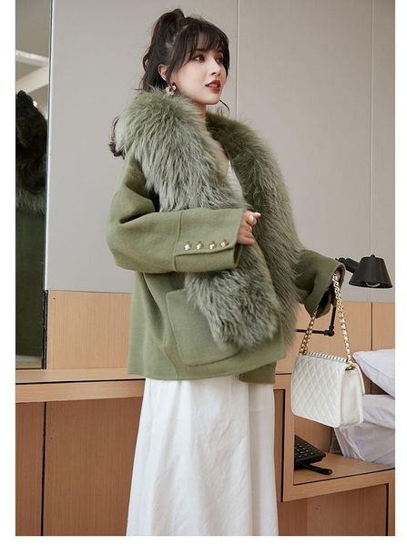 

women's fur & faux women autumn jacket cashmere sheep woolen coat with real raccoon collar big female winter outwear vest clothing, Black