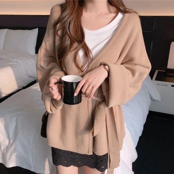 

women's sweaters 2021 women autum solid sashes sweater knitted oversized cardigan girls long sleeve all match outwear female coat, White;black