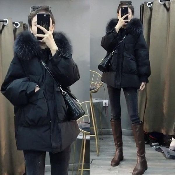 

women's down & parkas 2021 winter korean fashion warm jacket women large fur collar loose thick tide, Black