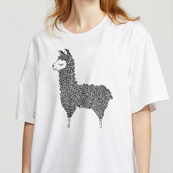 

cute cartoon alpaca printed casual womens t shirts white vogue ladies summer