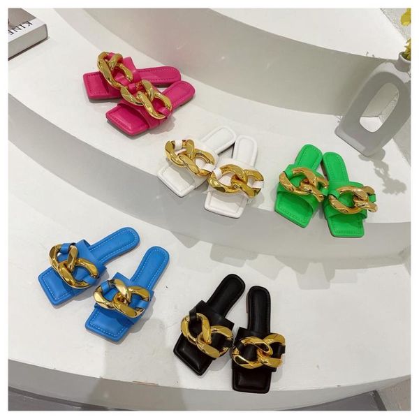 

slippers 2021 fashion brand gold metal chain women square toe flat casual slide beach flip flops candy color sandal shoes green, Black