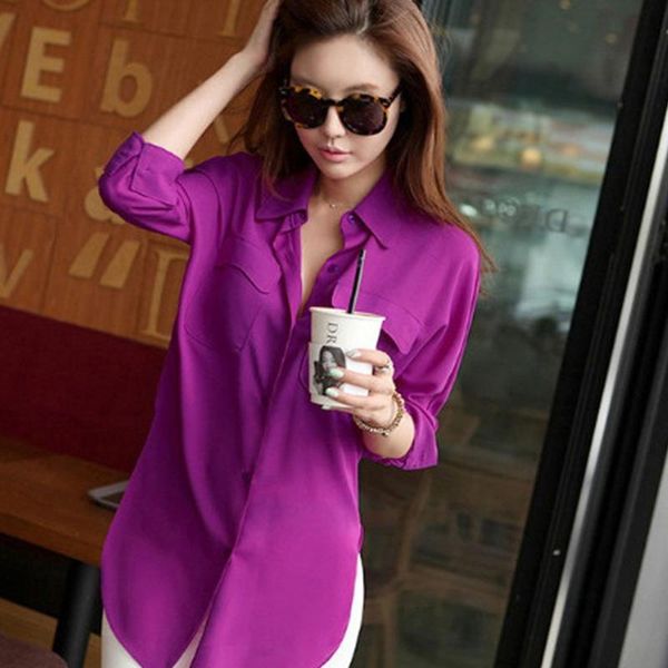 

spring summer autumn women white pockets button solid color long-sleeve shirt female blusas chiffon slim clothing