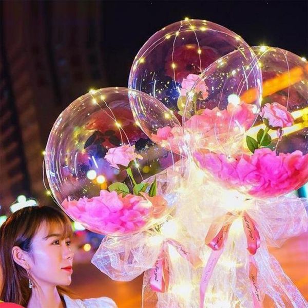 

2021 valentine's day led rose flower bobo transparent creative net red bouquet balloon night market stall confession bobo ball