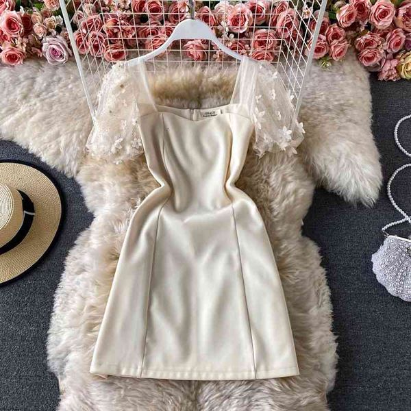 

casual dresses dress for women summer waist slim elegant retro puff sleeve dress square neck a-line solid embroidery vestidos 1yil, Black;gray
