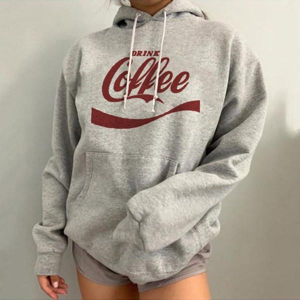 

women's hoodies & sweatshirts women letter coffee printed sweatshirt loose long sleeve gray harajuku korean hooded female warm pullover, Black