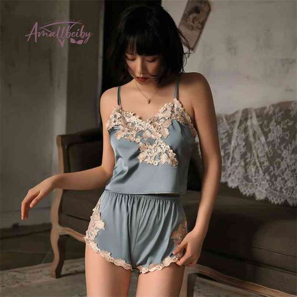 

luxury nightwear pijama summer lounge wear silk sleepwear sleep pajama shorts two piece set drop 210809, Black;red
