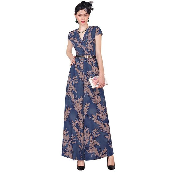 

women's jumpsuits & rompers full length office lady chiffon print summer loose plus playsuits formal british style bodysuits dz1098, Black;white