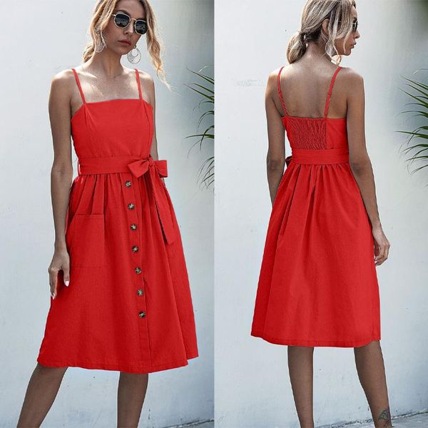 

casual dresses girdle red bow dress women summer solid color button female sling a-line pocket vestidos black blue, Black;gray