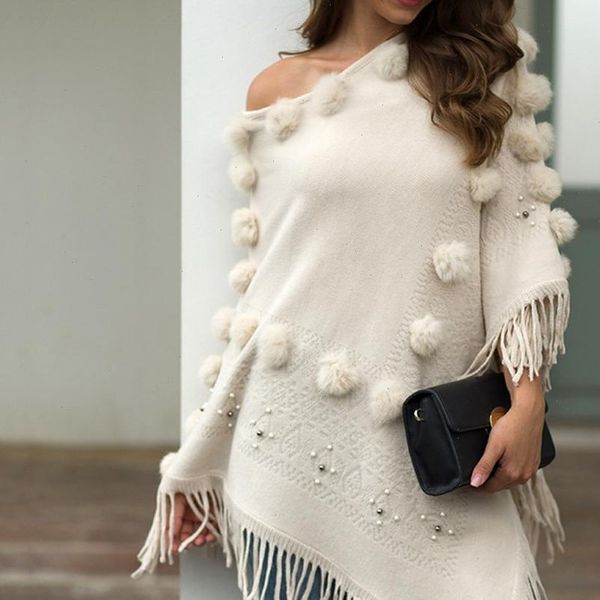 

casual sweater cape pullovers tassel poncho sweater o neck solid hairball cloak loose shawl female jumper autumn invierno coat, White;black