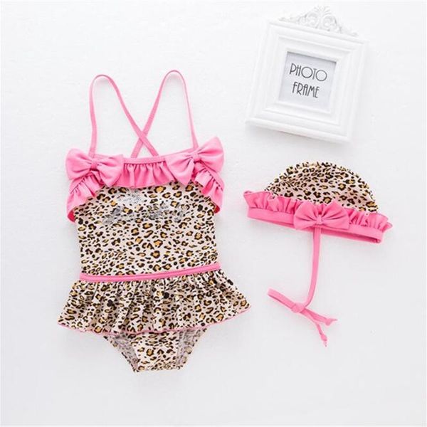 

leopard baby girls swimwear+hat set beach swimming children clothing 12m-5, Black