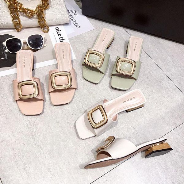 

slippers 2021 summer women low heel shoes ladies metal square buckle chunky heels toe sandals, Black